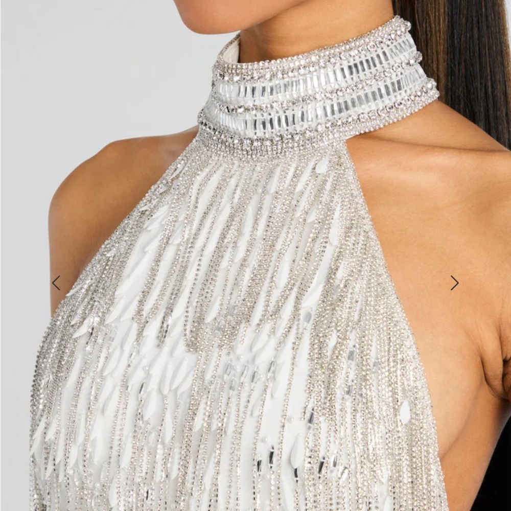Retrofete Ivory Gold Beaded Fringe Halter Mini Dress - Picture 3 of 15